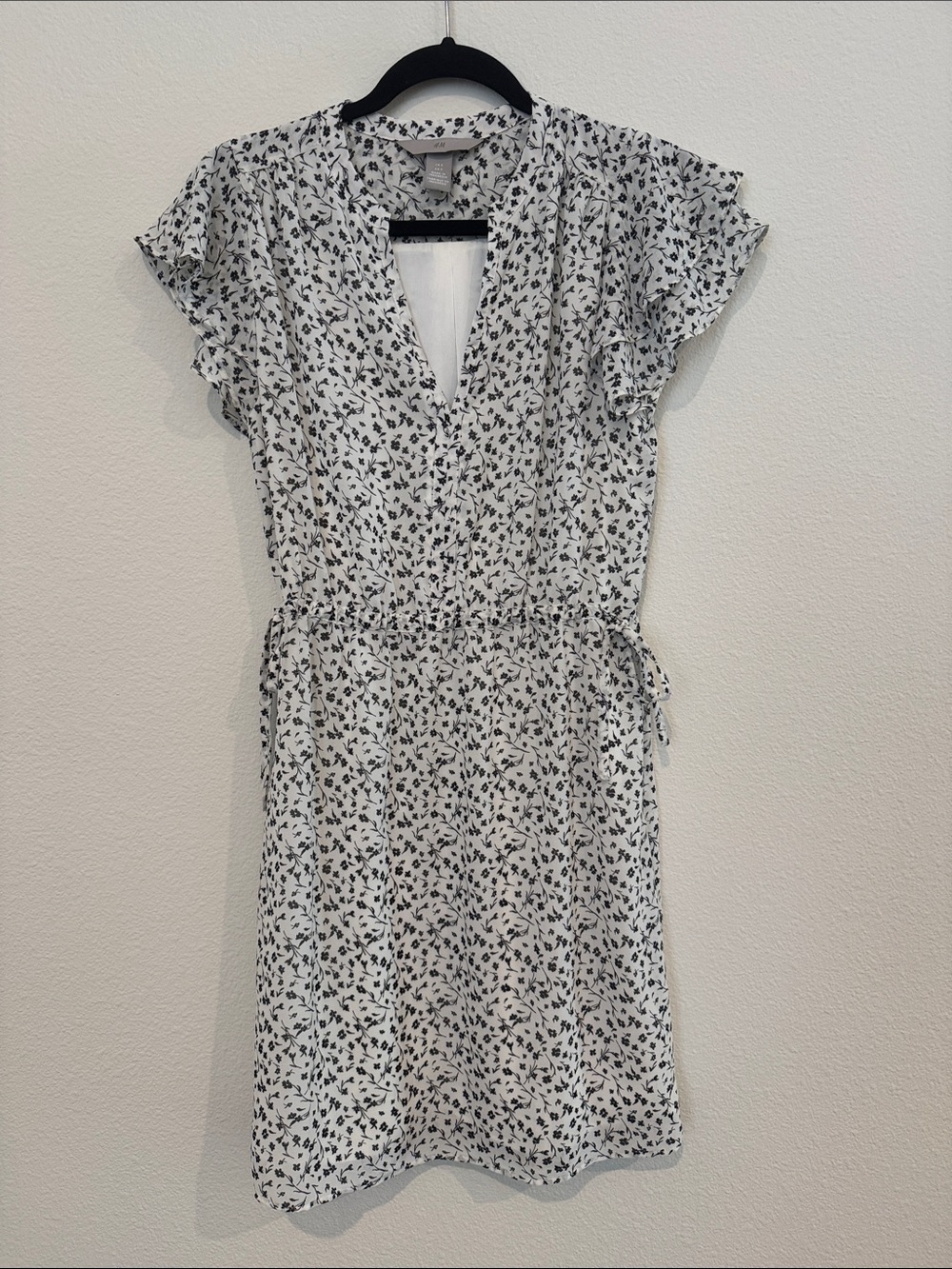 H&M White Mini Dress with Black Floral Print